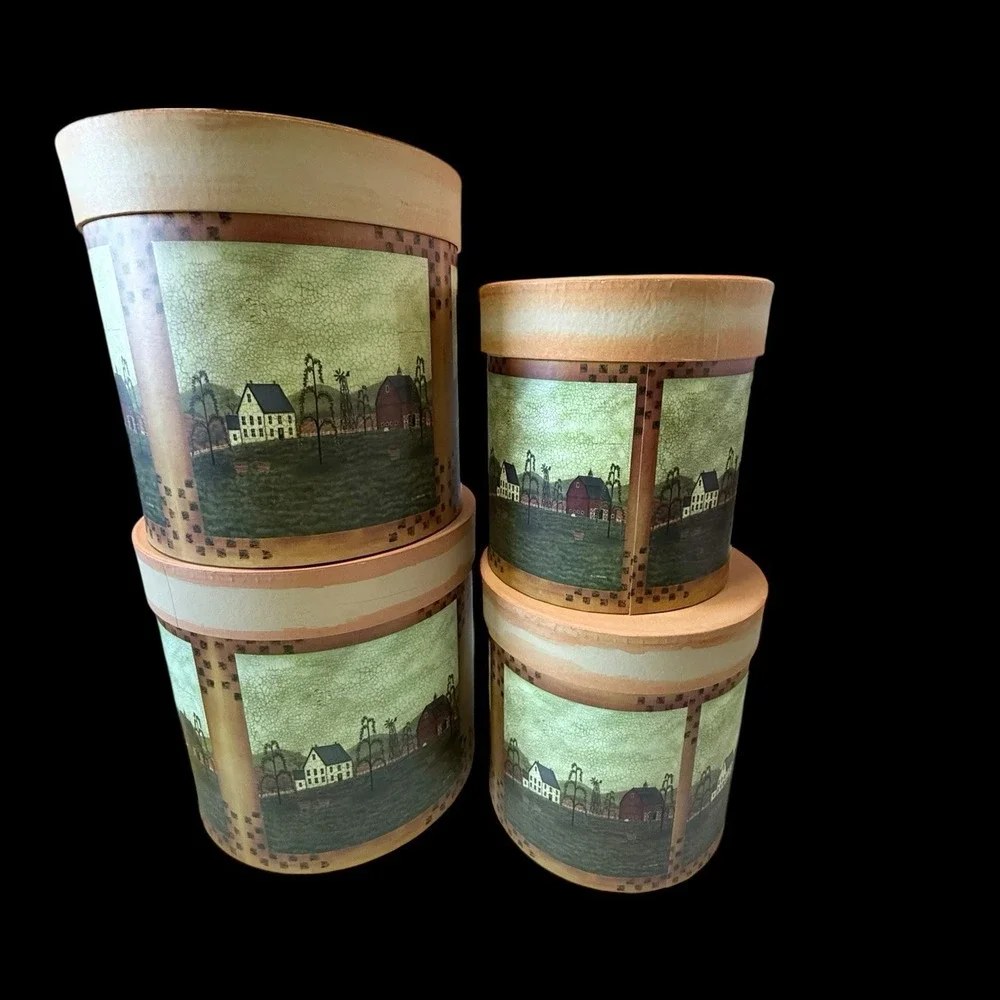 M.J. McNosky Stackable Primitive‎ Folk Art Farmhouse Storage Boxes Decor 4pc
